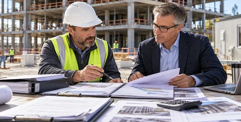 Contractor and surety professional assess bonding capacity using financial records, current backlog, project experience, and a bid package at a commercial construction site