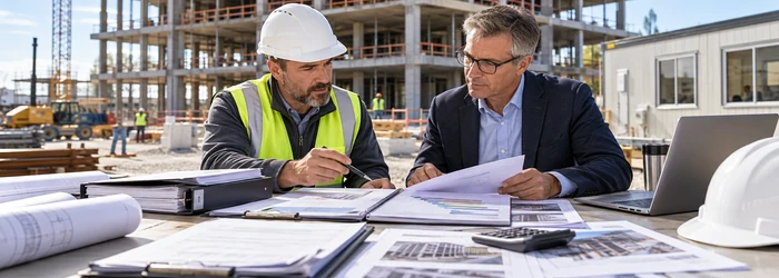 Contractor and surety professional assess bonding capacity using financial records, current backlog, project experience, and a bid package at a commercial construction site