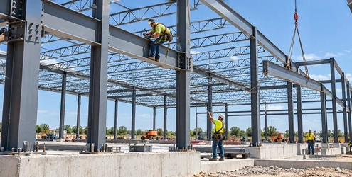 Steel columns and beams form a commercial building frame during construction.