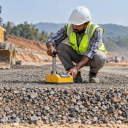 Engineer checks compaction and moisture of dense graded aggregate in a prepared road base layer