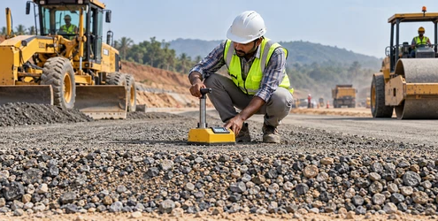 Engineer checks compaction and moisture of dense graded aggregate in a prepared road base layer