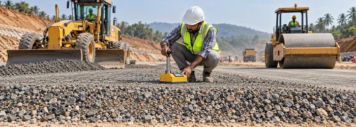 Engineer checks compaction and moisture of dense graded aggregate in a prepared road base layer