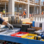Construction worker replenishes an organized supply cart with fasteners, drill bits, sealants, gloves, and other jobsite consumables