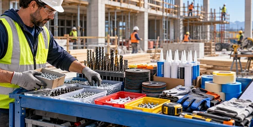 Construction worker replenishes an organized supply cart with fasteners, drill bits, sealants, gloves, and other jobsite consumables