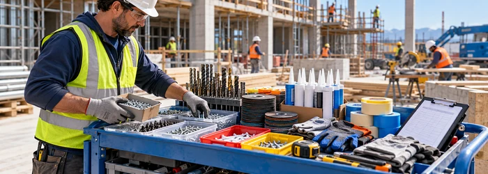 Construction worker replenishes an organized supply cart with fasteners, drill bits, sealants, gloves, and other jobsite consumables