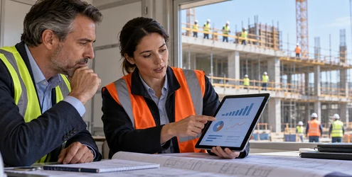 A construction financial officer reviews a project cash-flow dashboard with a project manager in a site office overlooking active work.