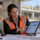 A construction financial officer reviews a project cash-flow dashboard with a project manager in a site office overlooking active work.