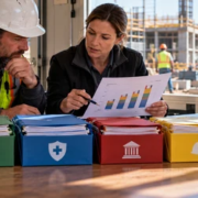 A payroll specialist and superintendent review construction labor hours, benefits, insurance, and payroll records to understand labor burden.