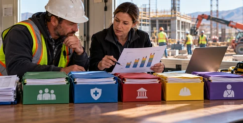 A payroll specialist and superintendent review construction labor hours, benefits, insurance, and payroll records to understand labor burden.