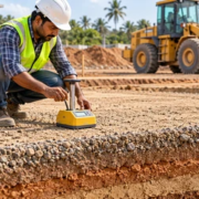 Site engineer tests a compacted construction fill layer to check material suitability and moisture