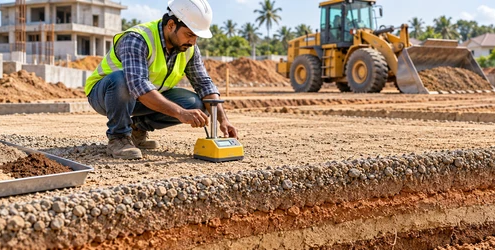 Site engineer tests a compacted construction fill layer to check material suitability and moisture