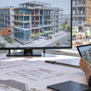 Architect and site engineer reviewing a coordinated 3D building model on a monitor and tablet