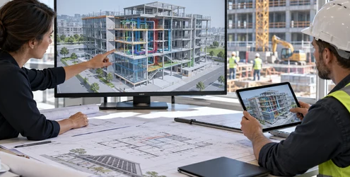 Architect and site engineer reviewing a coordinated 3D building model on a monitor and tablet