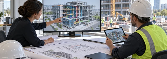 Architect and site engineer reviewing a coordinated 3D building model on a monitor and tablet