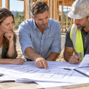 Owner, estimator, and contractor review construction plans, cost estimates, supplier quotes, and a project budget at a home jobsite
