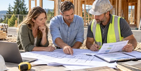 Owner, estimator, and contractor review construction plans, cost estimates, supplier quotes, and a project budget at a home jobsite