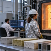 Engineer monitors an enclosed fire-resistance test on a building wall assembly while technicians record sensor readings.