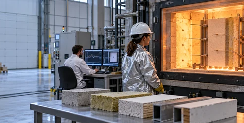 Engineer monitors an enclosed fire-resistance test on a building wall assembly while technicians record sensor readings.