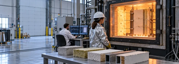 Engineer monitors an enclosed fire-resistance test on a building wall assembly while technicians record sensor readings.