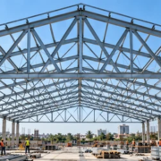 Engineer reviews a triangulated steel roof truss designed to distribute building loads through connected diagonals
