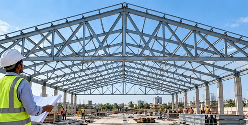 Engineer reviews a triangulated steel roof truss designed to distribute building loads through connected diagonals