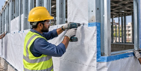 Worker fastens building wrap to steel framing and tapes overlapping seams to protect the structure from moisture