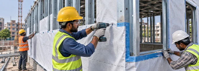 Worker fastens building wrap to steel framing and tapes overlapping seams to protect the structure from moisture