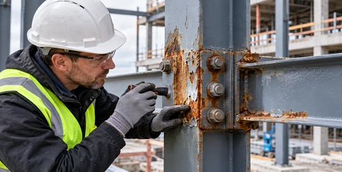 Site engineer inspects early corrosion around a bolted steel beam connection where the protective coating has worn away.
