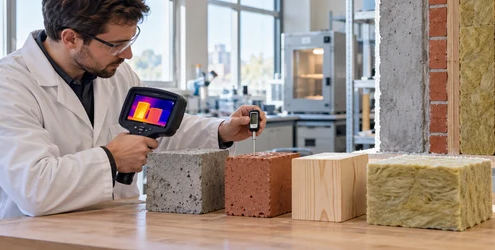 Engineer measures heat response across concrete, brick, timber and insulation samples with a thermal camera.