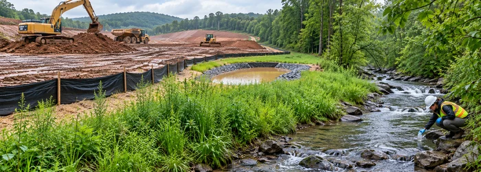 Silt fence and a sediment basin buffer construction runoff from a clean stream as an inspector samples the water.