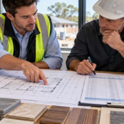 Estimator and contractor match architectural plans to an itemized bill of quantities and material samples to confirm construction scope