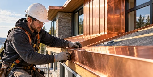 Roofer fits a copper flashing panel along a building roof edge, showing copper's use as a durable construction material.