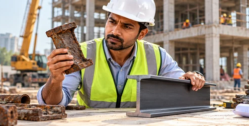 Construction engineer compares corroded iron with structural steel to assess durability and building use
