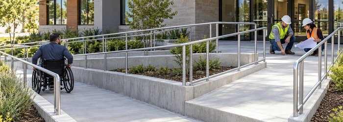 A wheelchair user follows a guarded switchback entrance ramp with level landing and continuous handrails while contractors review the route.