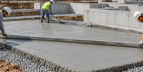 Construction crew levels a plain cement concrete base before the next foundation work begins.