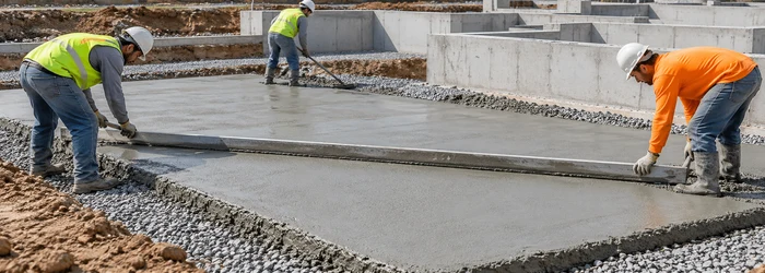 Construction crew levels a plain cement concrete base before the next foundation work begins.