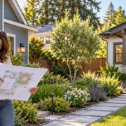 Detached accessory dwelling unit sits beside a primary house as a homeowner and builder review the backyard site plan.