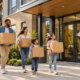 New affordable apartment community with a family arriving at an accessible, landscaped entrance, illustrating attainable housing designed for families.