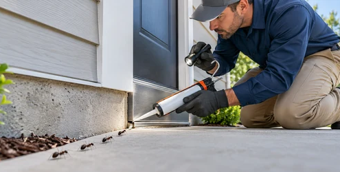 A gloved technician seals a small foundation gap where a trail of ants approaches a newly finished home.
