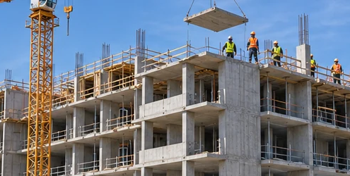 Mid-rise apartment building under construction with repetitive concrete floor slabs, open balcony bays, a tower crane, and workers.