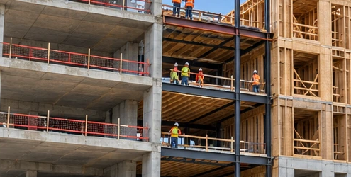 Apartment construction reveals concrete, steel and timber structural sections across a multistory residential frame.