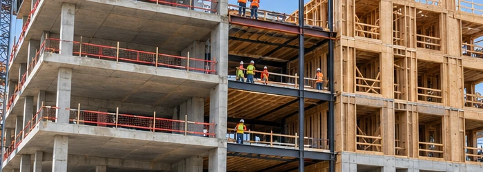 Apartment construction reveals concrete, steel and timber structural sections across a multistory residential frame.