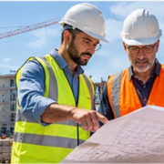 Apartment complex builder and project manager review construction plans in front of multi-unit residential buildings under construction.