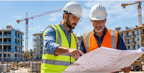 Apartment complex builder and project manager review construction plans in front of multi-unit residential buildings under construction.