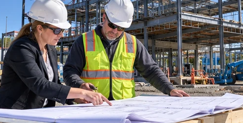 Architect and contractor collaborate over blueprints at an active building site, coordinating design decisions with construction work.