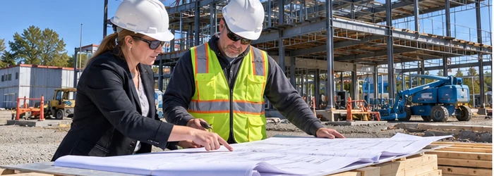 Architect and contractor collaborate over blueprints at an active building site, coordinating design decisions with construction work.