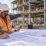 Architect and engineer review building plans at a commercial construction site, coordinating drawings with the structure under construction.