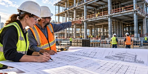 Architect and engineer review building plans at a commercial construction site, coordinating drawings with the structure under construction.