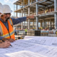 Architect and engineer review building plans at a commercial construction site, coordinating drawings with the structure under construction.