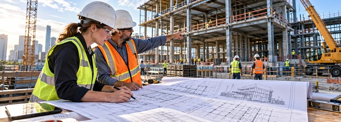 Architect and engineer review building plans at a commercial construction site, coordinating drawings with the structure under construction.